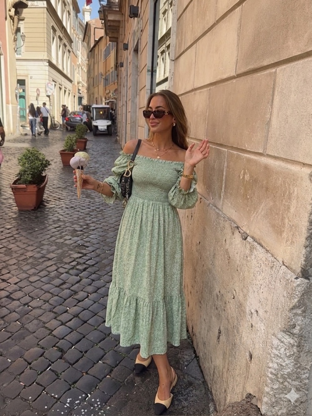 OPT /LYRA & CO. / Sage Green Smocked Floral Midi Opal Dress - Sz L - NWOT